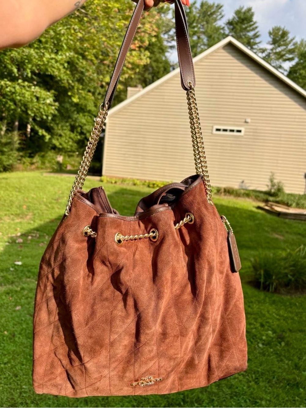 Coach Brown Suede Drawstring Shoulder Bag with Gold Chain Accents